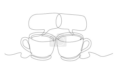 Kontinuierliche einzeilige Zeichnung von Kaffeebechern, die mit Blasengedanken klirren, Geschäftsdiskussion oder Brainstorming während der Kaffeepause, einzeilige Kunst.