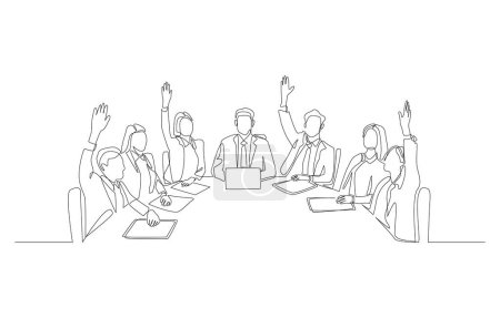 Ilustración de Dibujo continuo de una línea de empleados levantando la mano a los votos en la reunión, discusión de negocios, voto en concepto de oficina, arte de una sola línea. - Imagen libre de derechos