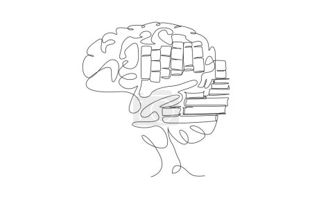 Continuous one line drawing of brain with piles of books inside, accumulation of knowledge or intellectual development concept, single line art.