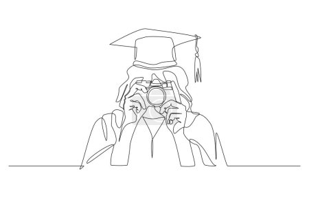 Dibujo continuo de una línea de estudiante graduada femenina tomando fotos con cámara, arte de una sola línea.