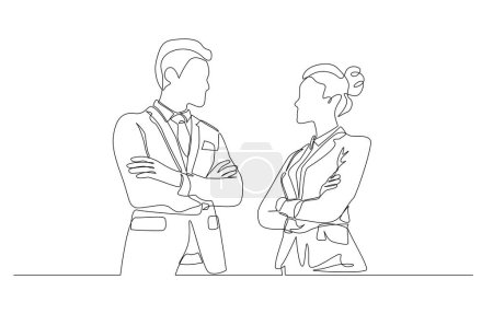 Continuous one line drawing of businessman and businesswoman standing face to face, business competition concept, single line art.