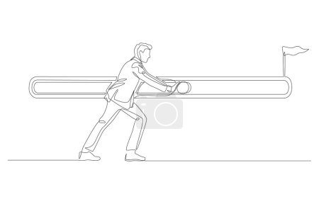 Illustration for Continuous one line drawing of businessman pushing project progress bar forward, work progress, effort to finish work before deadline concept, single line art. - Royalty Free Image