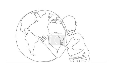 Téléchargez les illustrations : Dessin continu d'une ligne de garçon embrassant la terre, cultivant les enfants pour sauver le concept de la terre, art de ligne unique. - en licence libre de droit