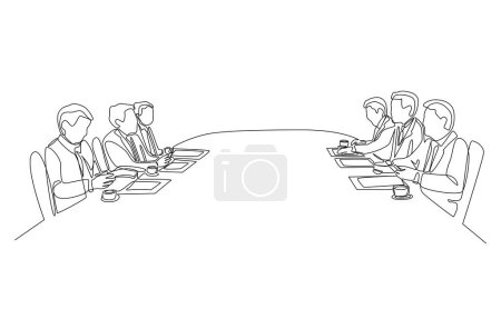 Illustration for Continuous one line drawing of business representatives negotiating on table, business negotiation, deal or agreement concept, single line art. - Royalty Free Image