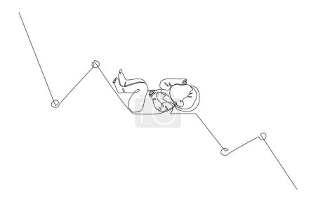 Illustration for Continuous one line drawing of newborn baby on downtrend graph, low birth rate concept, single line art. - Royalty Free Image
