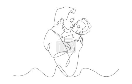 Kontinuierliche einzeilige Zeichnung des Vaters, der Kind, Vater und Sohn hält und küsst, einzeilige Kunst.