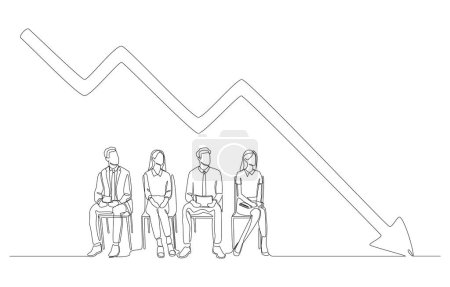 Continuous one line drawing of job applicants queue for interviews under downward arrow, low employment rate concept, single line art.