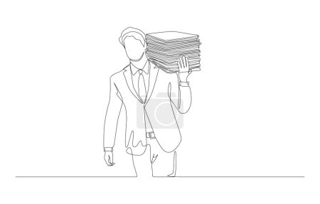 Kontinuierliche einzeilige Zeichnung eines Geschäftsmannes, der stapelweise Dokumente auf der Schulter trägt, überarbeitetes Konzept, einzeilige Kunst.