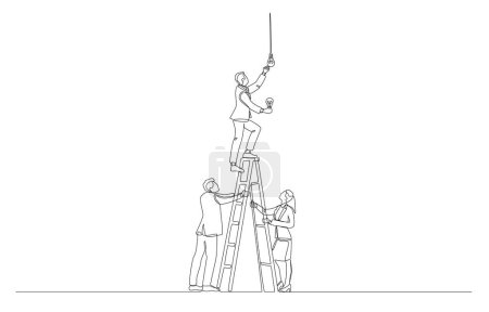 Illustration for Continuous one line drawing of employees helping colleagues climb up ladder to change light bulb, changing business solution for team, new innovation for group concept, single line art. - Royalty Free Image