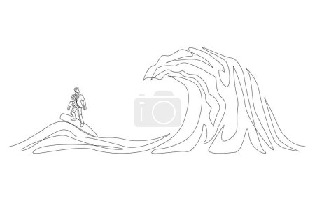 Continuous one line drawing of businessman surfing big oceanic wave, business challenge or overcoming difficulty at work concept, single line art.