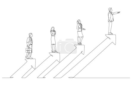 Continuous one line drawing of businessman leading colleagues on growth arrow, leadership and teamwork concept, single line art.