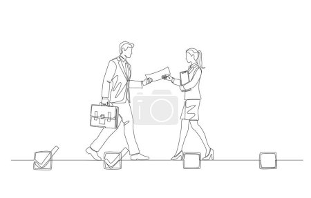 Continuous one line drawing of businessman handing document to businesswoman on checkboxes of work progress, taking over work concept, single line art.