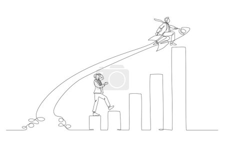 Continuous one line drawing of businessman riding rocket overtake competitor on chart, business competition concept, single line art.