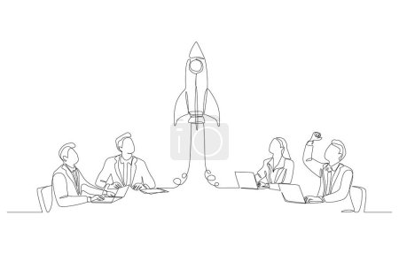 Continuous one line drawing of business people looking at rocket rising from table, business startup or team innovation concept, single line art.