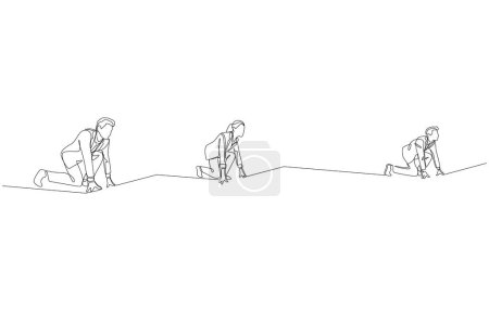 Continuous one line drawing of business people get ready to run on running track in different positions, business competitive advantage concept, single line art.