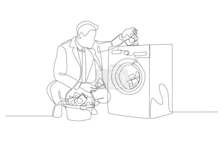 Dessin continu d'un homme d'affaires mettant des billets dans la machine à laver, concept de blanchiment d'argent, art mono-ligne.