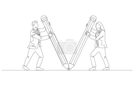 Continuous one line drawing of businessman and businesswoman draw straight lines connecting each other, business partnership, merger and acquisition concept, single line art.