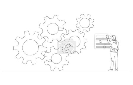 Illustration for Continuous one line drawing of businessman controlling cogwheel system for best performance, workflow management or working optimization concept, single line art. - Royalty Free Image