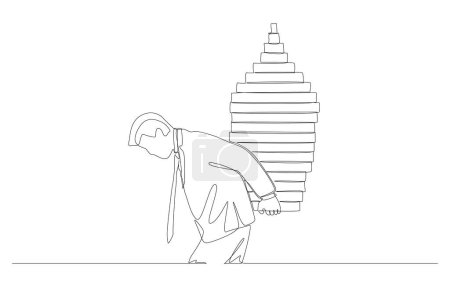 Continuous one line drawing of businessman carrying narrow base population pyramid on his back, problem of aging society concept, single line art.