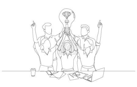 Continuous one line drawing of business people holding big light bulb with trophy as filament, winning mentality in business team concept, single line art.