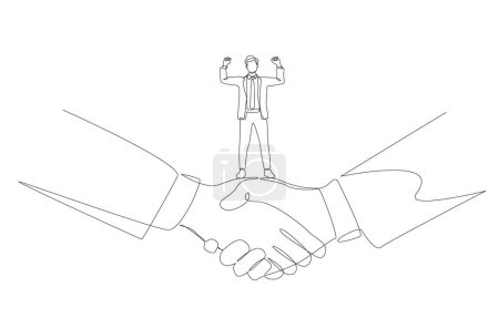 Continuous one line drawing of delighted businessman standing on handshake of two big businessmen, mediator in business negotiation concept, single line art.