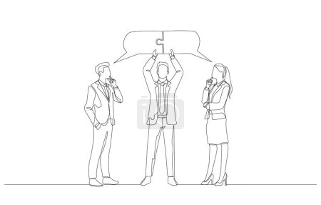 Illustration for Continuous one line drawing of businessman connecting bubble thoughts of coworkers, business mediation, conciliator of opinions in work concept, single line art. - Royalty Free Image