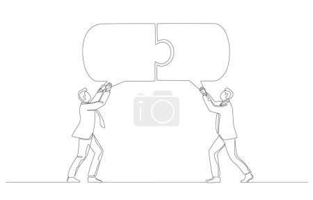 Kontinuierliche einzeilige Zeichnung von zwei Geschäftsleuten verbinden Sprechblasenpuzzle, erfolgreiche Geschäftskommunikation, Kompatibilität von Ideen im Arbeitskonzept, einzeilige Kunst.