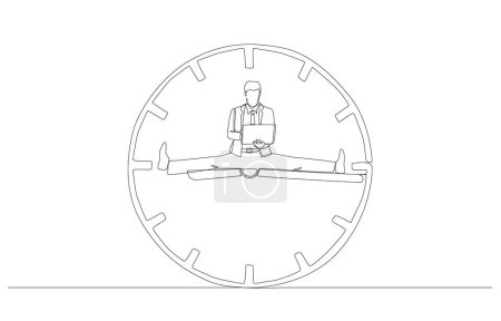 Illustration for Continuous one line drawing of businessman sitting with legs spread on clock hands and working with laptop, flexible working concept, single line art. - Royalty Free Image