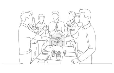 Dibujo continuo de una línea de empleados dando la bienvenida a un nuevo colega, un lugar de trabajo cálido y amigable, construyendo una buena relación dentro del concepto de equipo de negocios, arte de una sola línea.