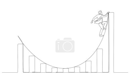 Dibujo continuo de una línea de curva de escalada de hombre de negocios en gráfico de barras de recuperación, concepto de recuperación de negocios, arte de una sola línea.