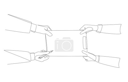 Continuous one line drawing of hands of employee handing document to manager for signature, work handover concept, single line art.