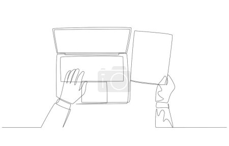 Kontinuierliche Zeilenzeichnung einer Hand beim Tippen auf dem Laptop und einer anderen Hand beim Halten des Dokuments, Eingabe von Rohdaten in das Systemkonzept, Einzeilentechnik.