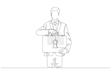 Continuous one line drawing of businessman holding briefcase with keyhole symbol, business secret concept, single line art.