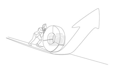 Continuous one line drawing of businessman pushing pie chart upwards along rising arrow, increasing performance or boosting productivity concept, single line art.