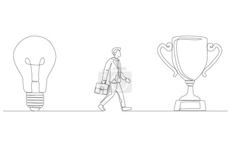 Continuous one line drawing of businessman walking from light bulb to trophy, idea of success, vision for business victory concept, single line art.