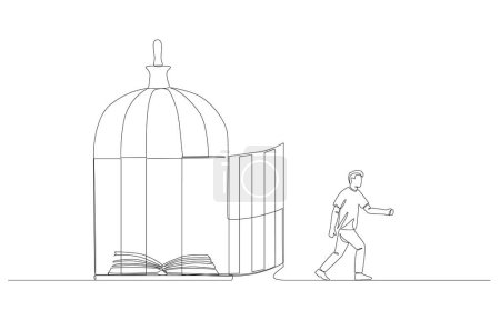 Continuous one line drawing of man walking out of cage with opened book inside, learning beyond book concept, single line art.