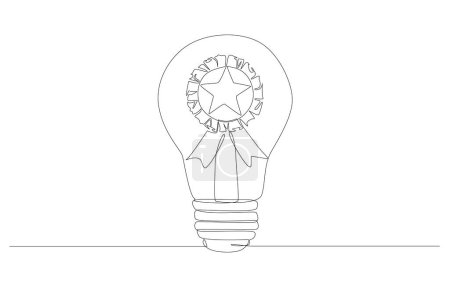 Continuous one line drawing of light bulb with star badge inside, best idea for work or business, winning idea in competition concept, single line art.
