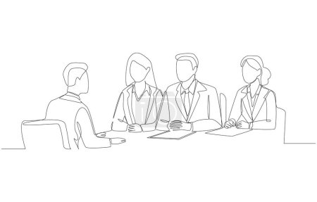 Continuous one line drawing of job applicant having job interview with interview committee, job interview concept, single line art.