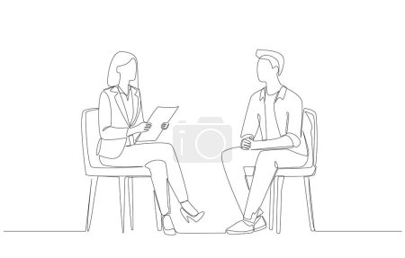 Continuous one line drawing of female account executive meeting client to get feedback, customer relationship concept, single line art.