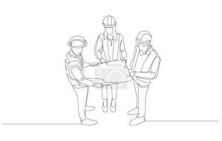 Continuous one line drawing of female construction manager discussing construction blueprint with two foremen, construction related business concept, single line art.