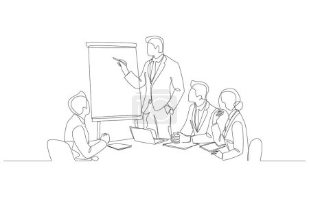 Kontinuierliche einzeilige Zeichnung des Geschäftsführers, der Marketingplan-Präsentation für Teammitglieder, Geschäftstreffen-Konzept, einzeilige Kunst gibt.