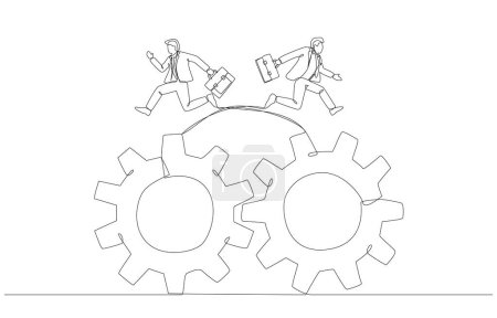 Continuous one line drawing of two businessman swap their cogwheels, job rotation or switching job positions concept, single line art.