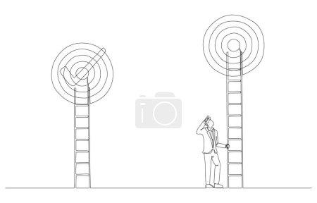 Continuous one line drawing of businessman preparing ladder to reach next target, higher business challenge concept, single line art.