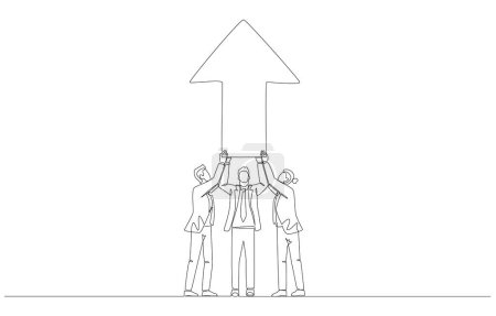 Continuous one line drawing of business people holding up arrow together, teamwork to success, support and partnership concept, single line art.