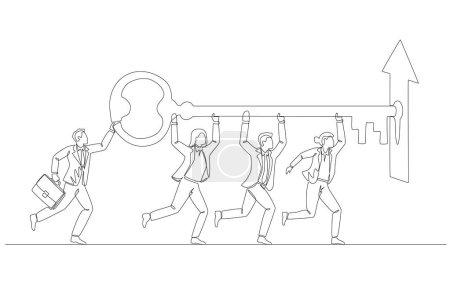 Continuous one line drawing of business people helping each other insert key into open keyhole of up arrow, key to business team success concept, single line art.