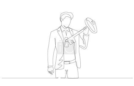 Continuous one line drawing of businessman inserting key into keyhole in his body, unlocking personal skills concept, single line art.