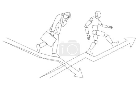 Continuous one line drawing of businessman walking down falling graph while robot walking up rising graph, substituting human labor with technology concept, single line art.