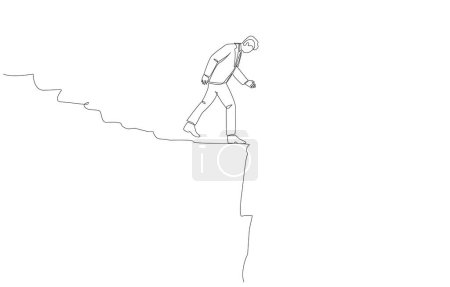 Continuous one line drawing of businessman on the edge of mountain cliff, business risk, facing major difficulty or obstacle in investing concept, single line art.