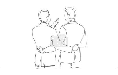 Continuous one line drawing of wo businessmen hug each other to talk about business matters casually, business talks concept, single line art.
