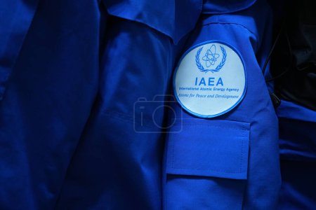 Photo for KYIV, UKRAINE - FEBRUARY 6, 2024: The IAEA patch is visible during the meeting with Ukrainian Minister of Energy German Galushchenko on February 6, 2024 in Kyiv, Ukraine. - Royalty Free Image